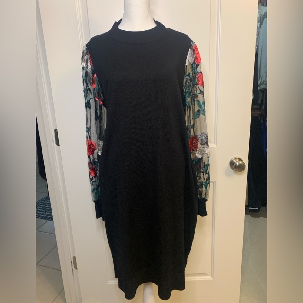 Cato XL Elegant Black Long Dress with Floral Embroidered Sheer Sleeves, EUC